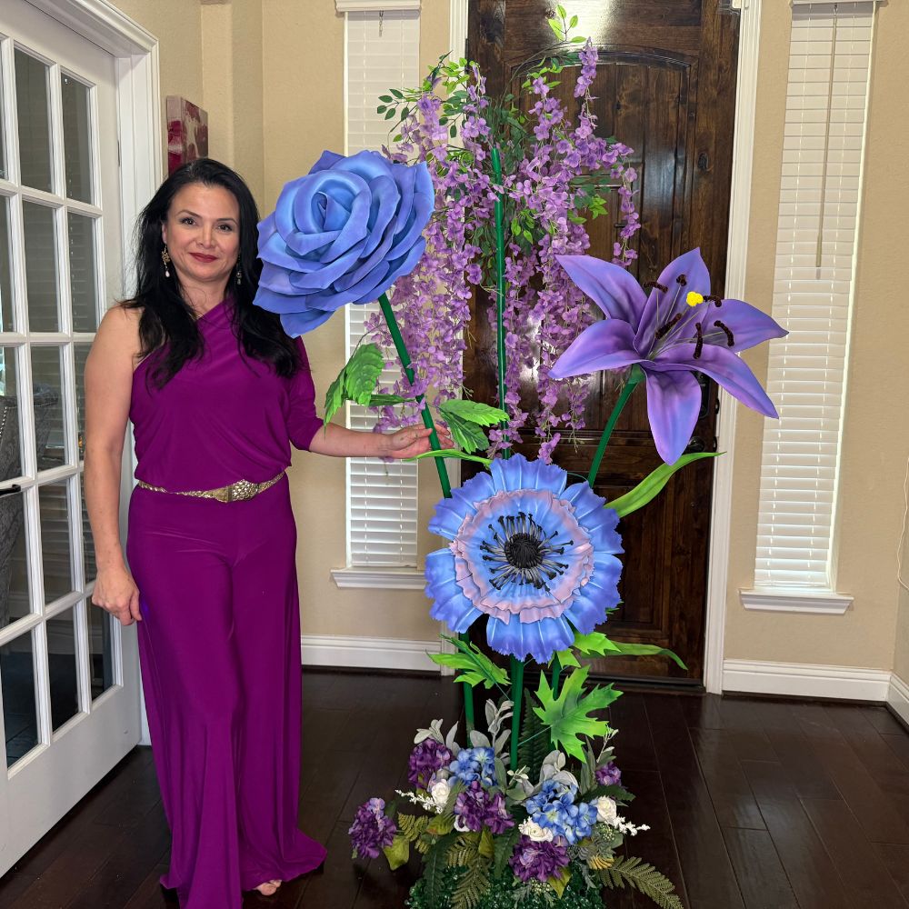 6ft tall giant wisteria tree with cascading lavender and periwinkle foam blooms for event centerpiece decor