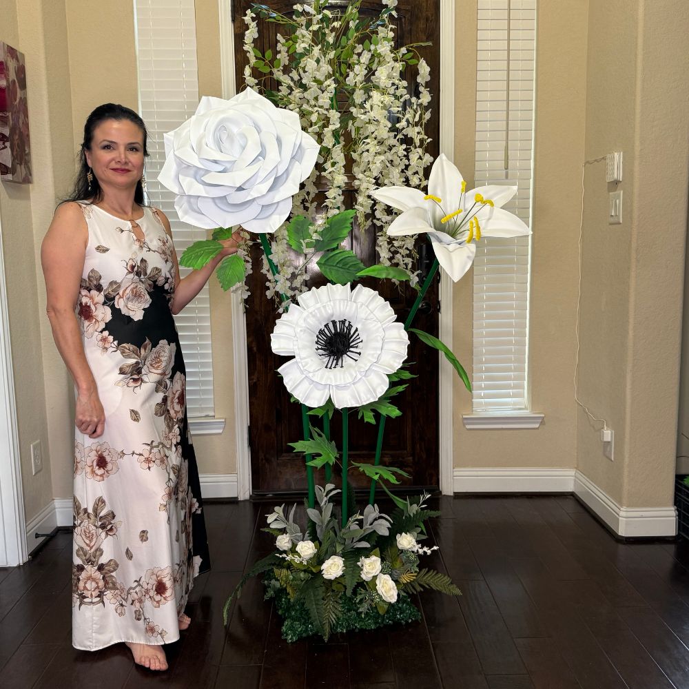 6ft tall white wisteria flower tree with cascading lily, rose, and anemone blooms for wedding and event decor by Amazing Giant Flowers