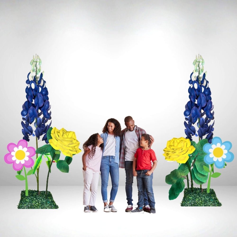 Alternate view of giant standing bluebonnet showing full height arrangement with multiple blue flower spikes