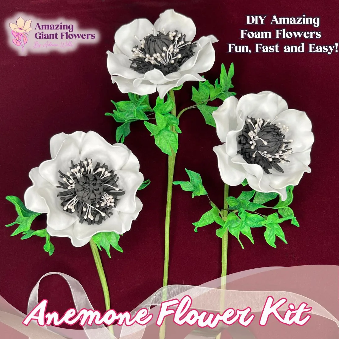White real touch anemone foam flower kit — iconic black-center DIY anemone spray with silky petals in the Amazing Giant Flowers kit box