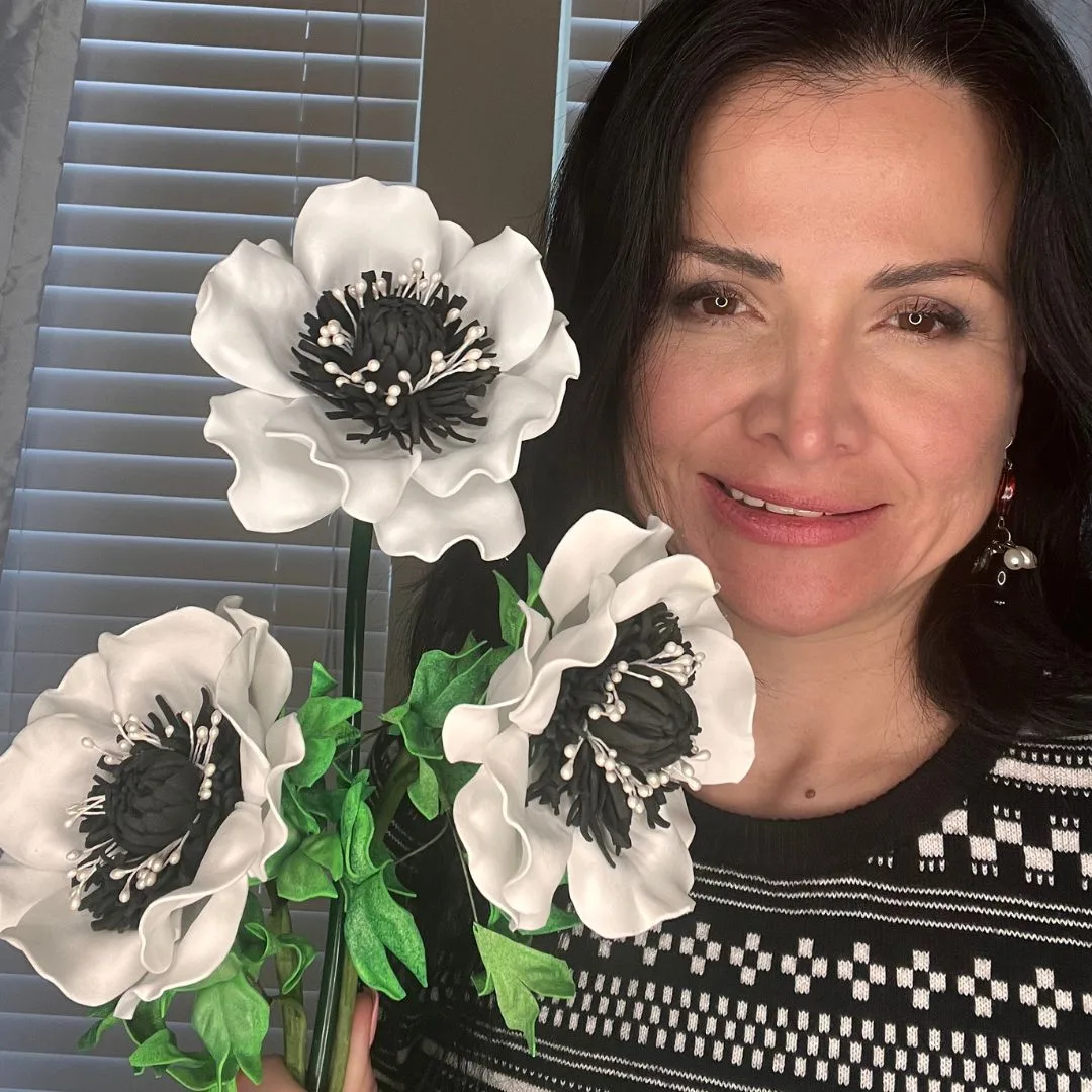 White real touch anemone foam flowers with ribbon — large DIY EVA foam blooms with dramatic dark centers and white-tipped stamens