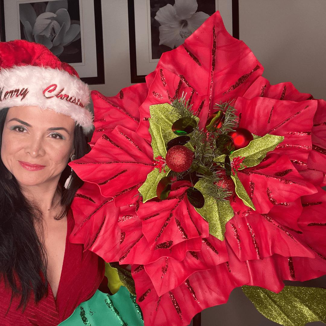 Giant red poinsettia foam flower with gold glitter accents from pre-cut Christmas holiday decor DIY kit