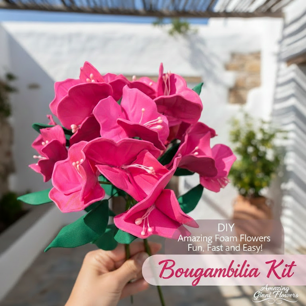 Real Touch Bougainvillea Foam Flower Kit (Bougambilia) — DIY Tropical Flower with Reusable Mold, Pre-Cut Petals, Leaves & Buds