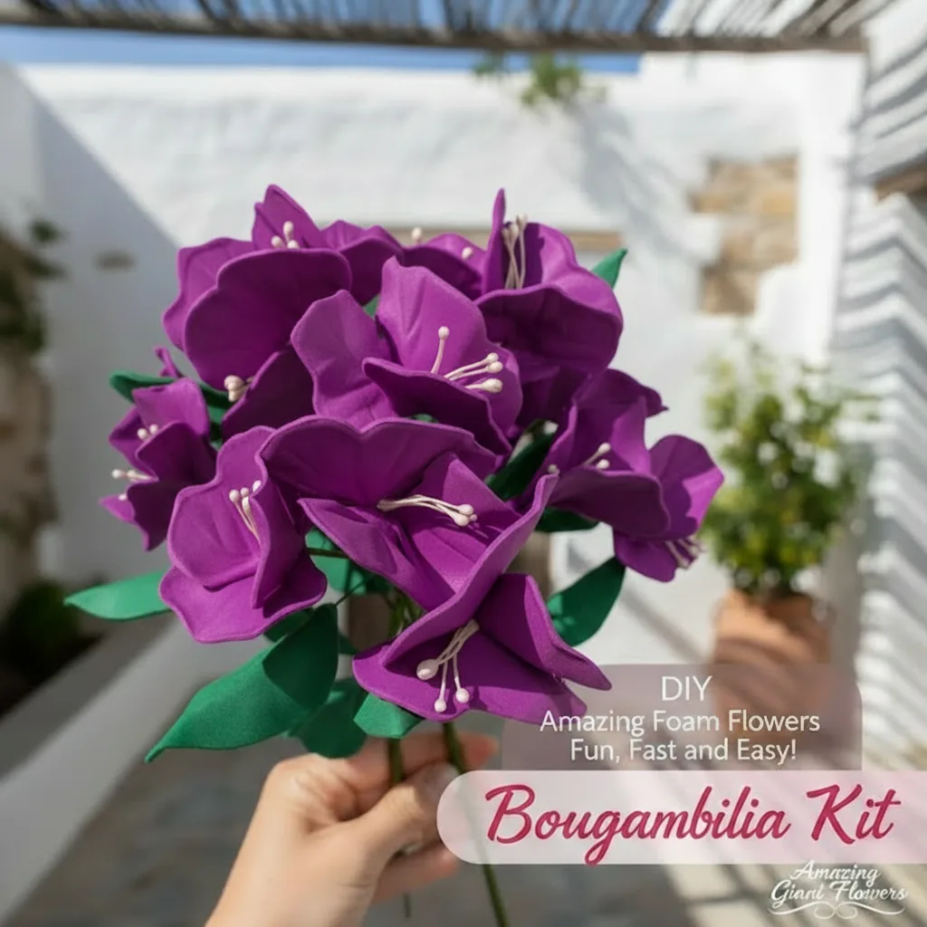 Purple real touch bougainvillea foam flower kit held by Adriana Wells — lush DIY EVA foam bougambilia stem packed with vibrant purple tropical blooms