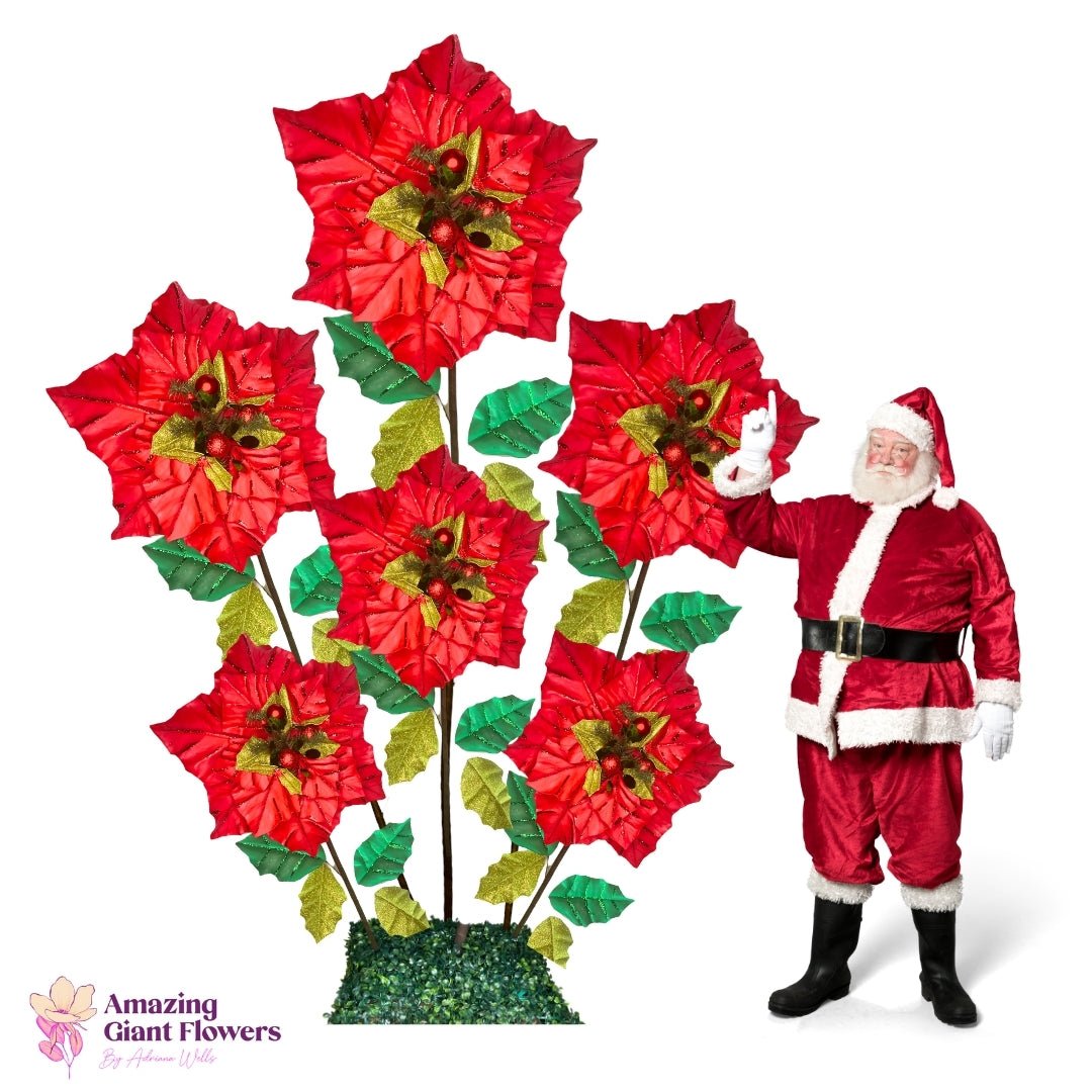 Christmas-themed giant foam flower arrangement with red poinsettias and holiday greenery for seasonal decor