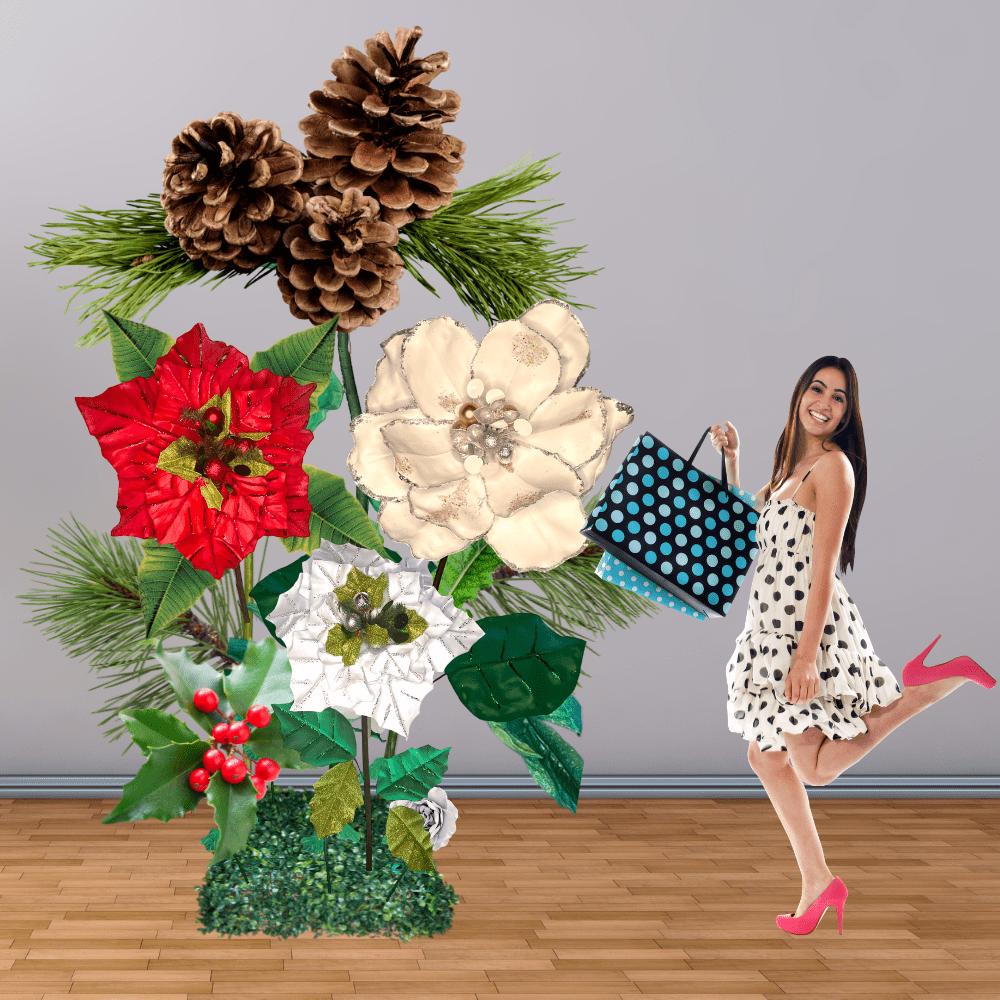 Giant foam flower Christmas seasonal display with decorated tree and oversized red and green floral installations