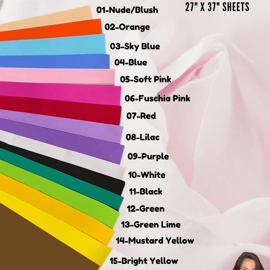 Display of 16-color EVA foam craft sheets 27x36 inches with labeled color swatches for flower crafting