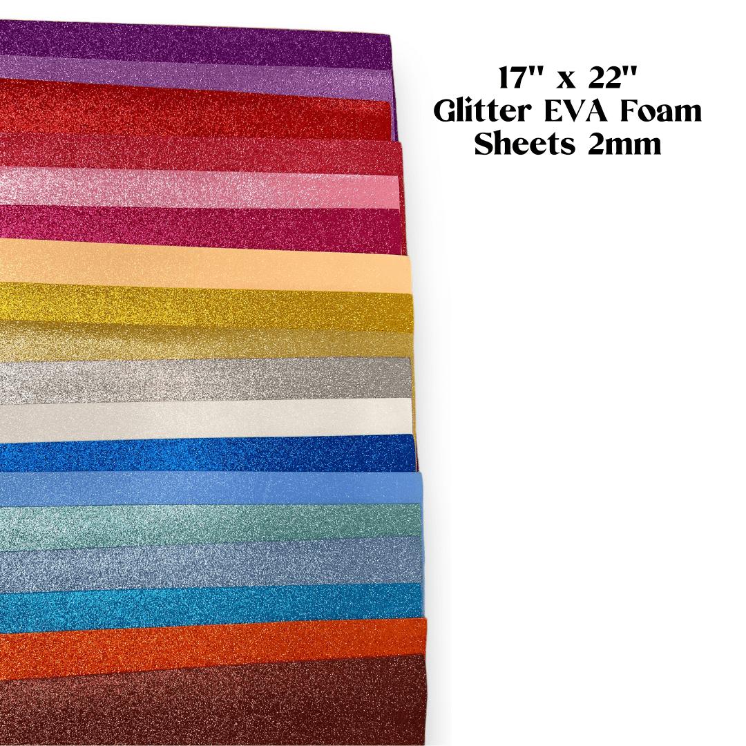 Stack of 22-color glitter EVA foam sheets 17x22 inches showing sparkle surface for decorative flower crafting