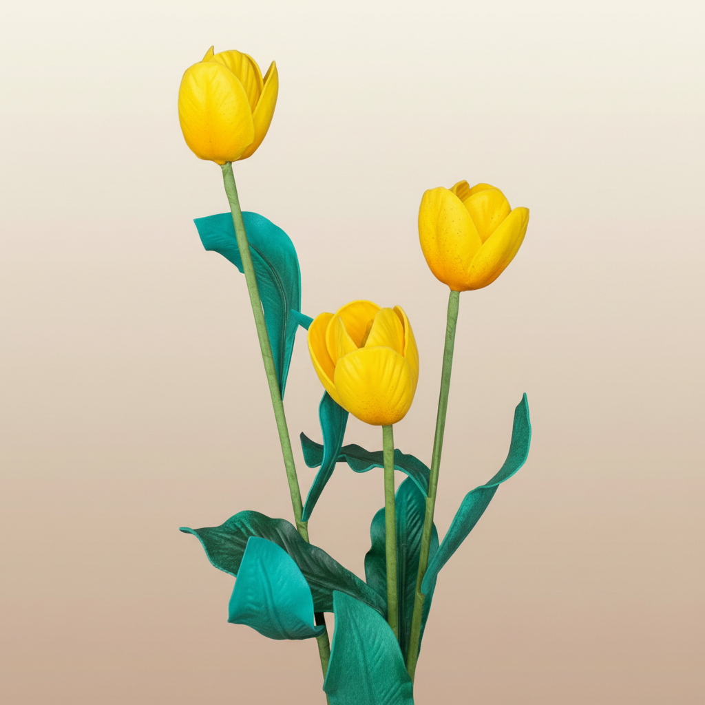 Yellow real touch Dutch tulip foam flowers — realistic life-size DIY EVA foam tulips with green leaves