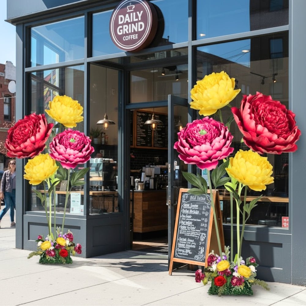 Grand entrance display with giant foam wall flowers featuring oversized peony, tulip, and mixed bloom arrangement