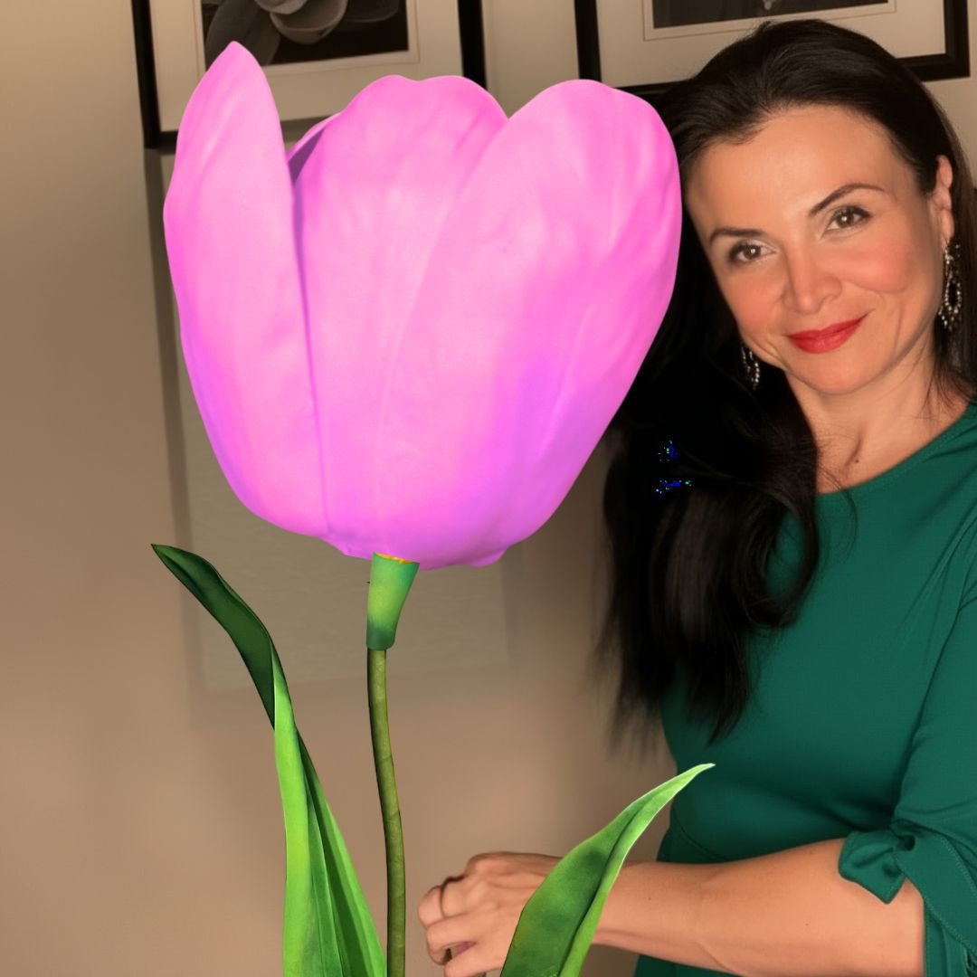 Giant Dutch tulip foam flower in vivid pink-red with green stem from easy-build DIY flower kit