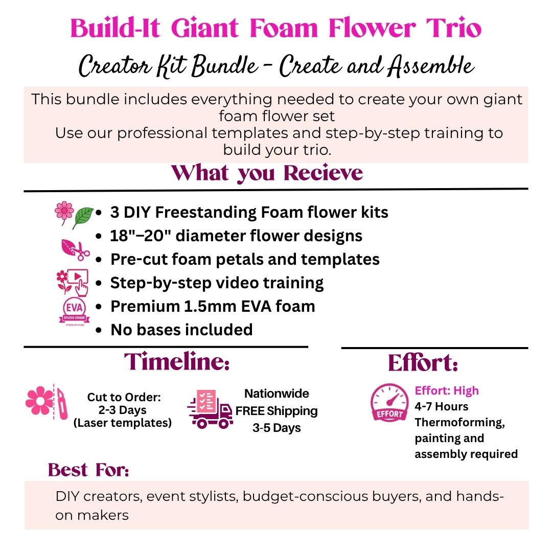 Giant foam flower trio product packaging showing build instructions and 3-piece freestanding flower set contents