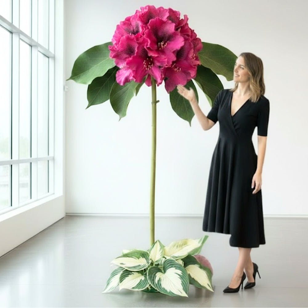 Giant freestanding pink rhododendron flower representing Washington state flower for event display