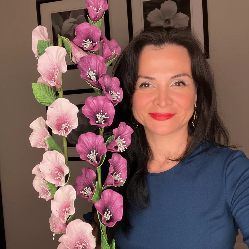 Purple real touch gladiolus foam flowers held by Adriana Wells — tall DIY EVA foam gladiola stems in graduated purple tones