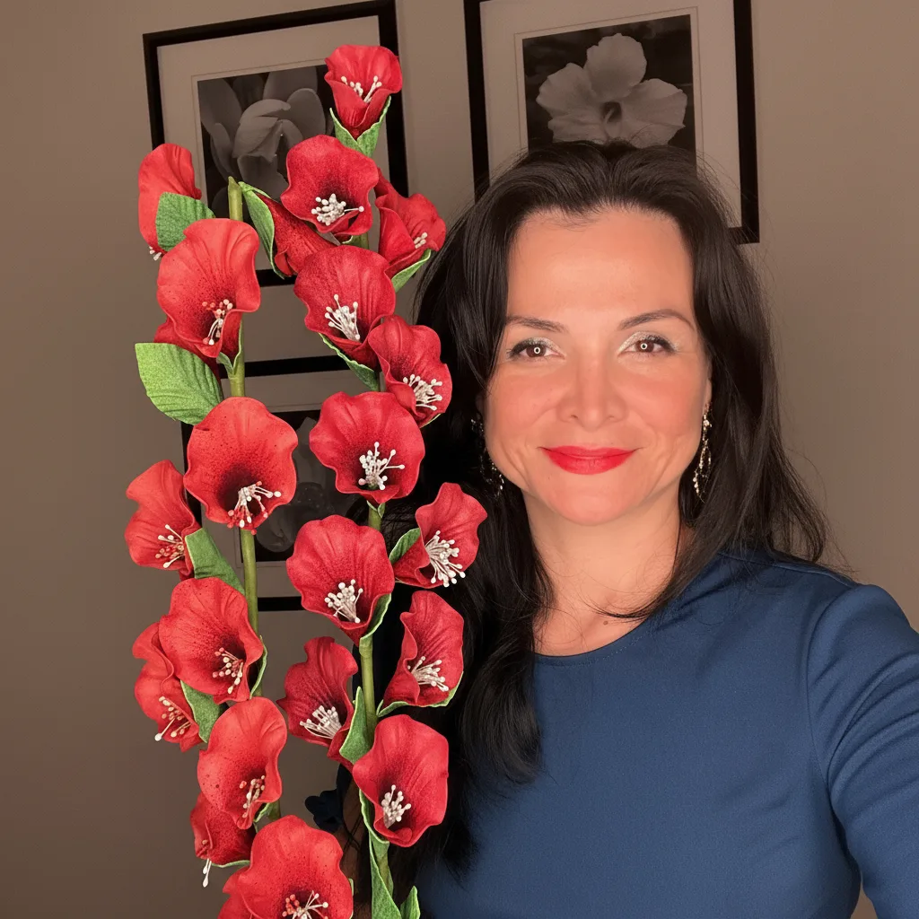 Pink real touch gladiolus foam flowers held by Adriana Wells — tall DIY EVA foam gladiola stems in graduated pink tones