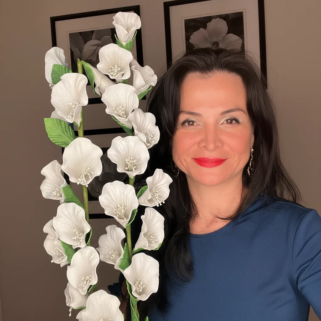 Red real touch gladiolus foam flowers held by Adriana Wells — tall 24-inch DIY EVA foam gladiola stems in vivid red