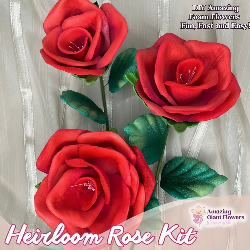 Red real touch heirloom rose foam flower kit — three layered red DIY garden roses in the Amazing Giant Flowers kit box