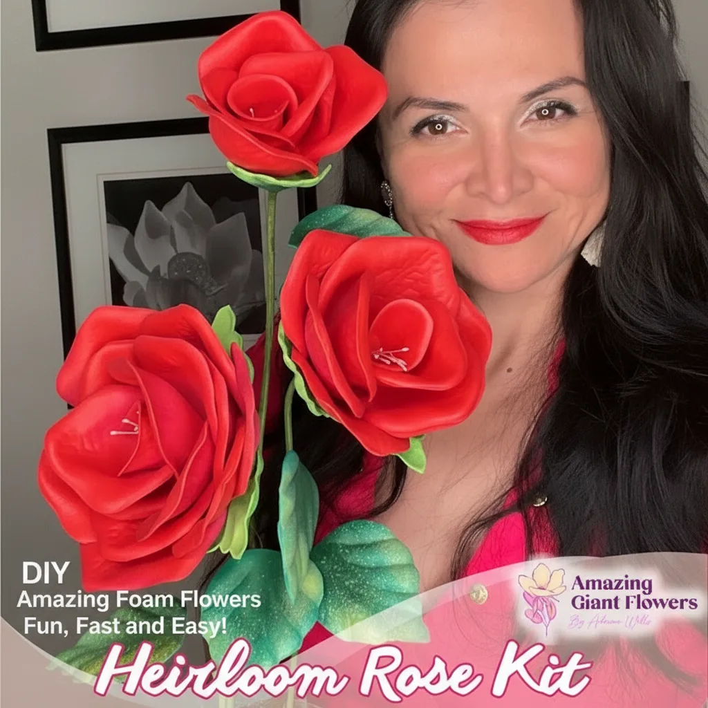 Red real touch heirloom rose foam flowers held by Adriana Wells — DIY EVA foam rose spray with ruffled petals and pistil centers