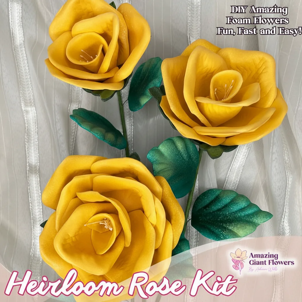 Real Touch Heirloom Rose Foam Flower Kit — 3 DIY Roses (6", 5" & 4") with 2 Reusable Molds, Pre-Cut Petals & Leaves