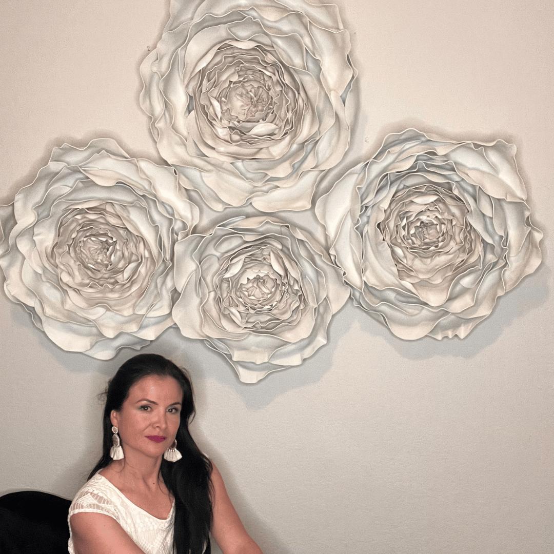 Home decor wall flower set showing arrangement of giant foam peony and mixed flowers with 3D visualizer design tool