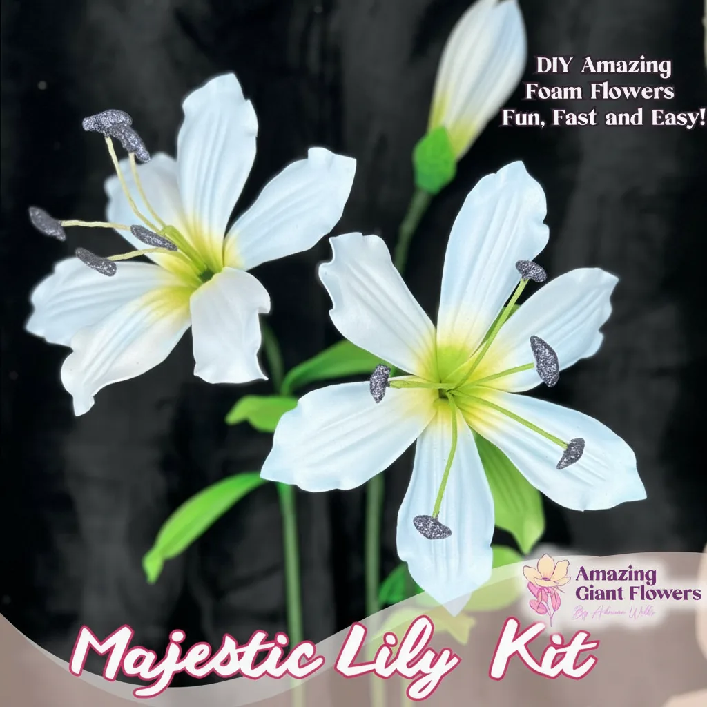 Real touch white lily foam flower kit — DIY realistic life-size Oriental foam lilies (lirios) with the Amazing Giant Flowers Majestic Lily kit box