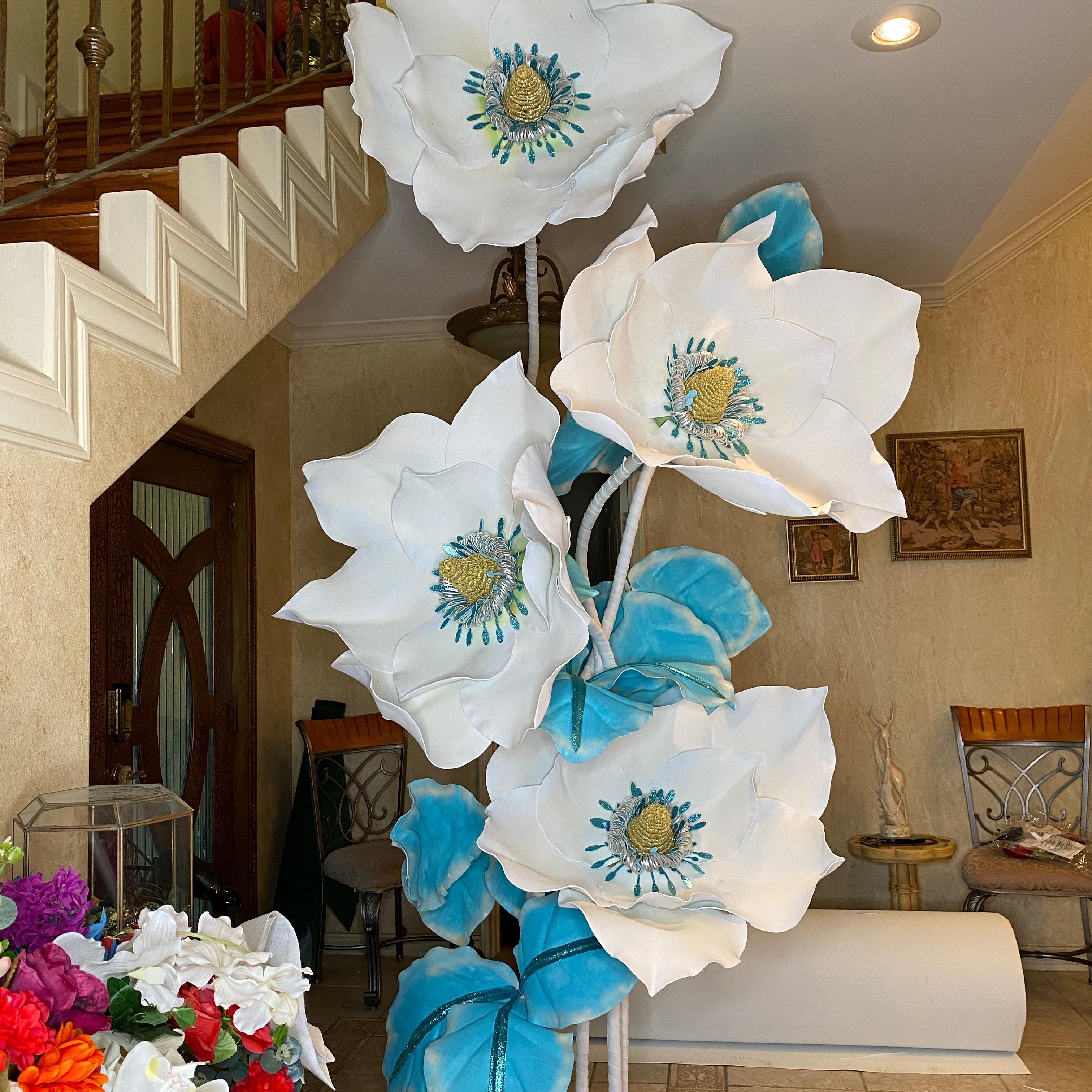 10-foot giant fantasy magnolia flower arrangement with oversized white and pink blooms for luxury installations