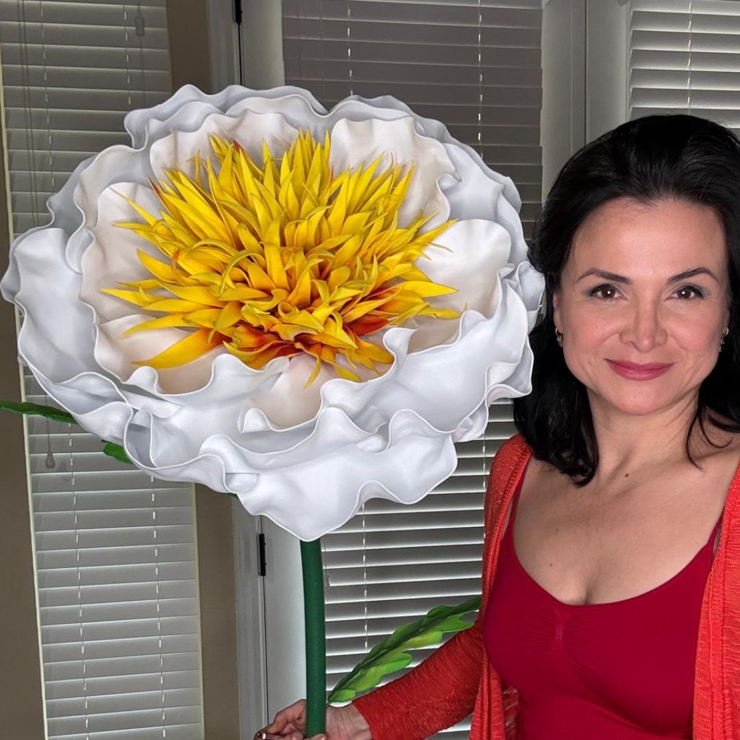 Giant duchess peony foam flower in soft pink with dense ruffled petals from pre-cut easy-build DIY kit