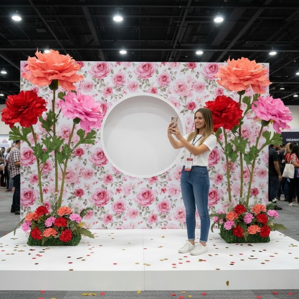 Detail shot of photo booth giant foam flowers showing color variety and dimensional petal layers