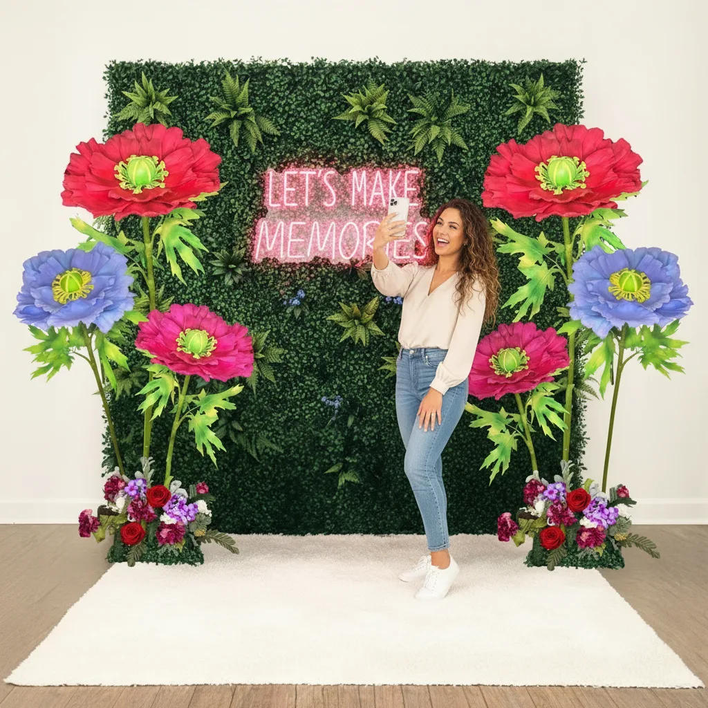 Photo booth step and repeat backdrop with giant foam flowers in pink, red, and white arrangement