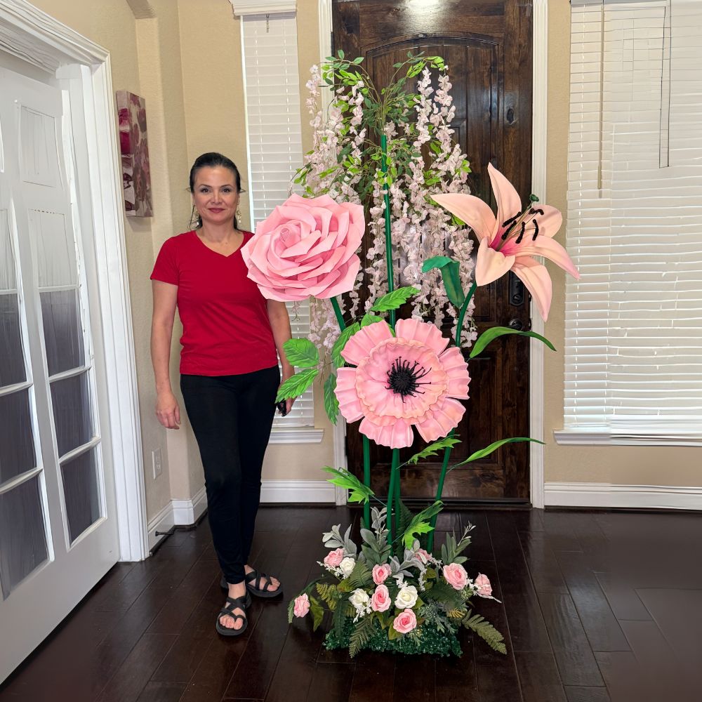 6ft tall peach pink flower tree with giant lilies, roses, and anemones for luxury wedding and event decor