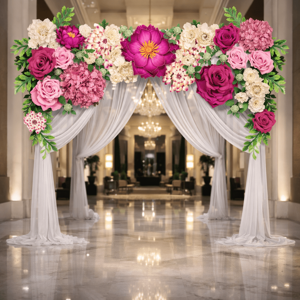 Wedding reception backdrop with giant foam wall flowers in romantic pink, white, and blush arrangement