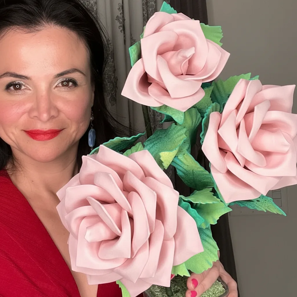 Pink real touch foam roses — soft blush DIY EVA foam rose spray with green leaves held by Adriana Wells
