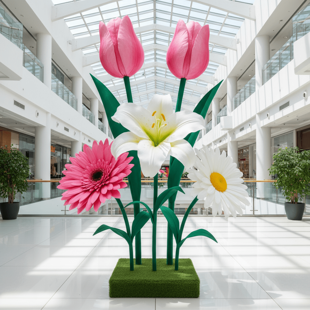 Spring seasonal display with giant foam flowers in pastel colors including pink tulips and mixed spring blooms