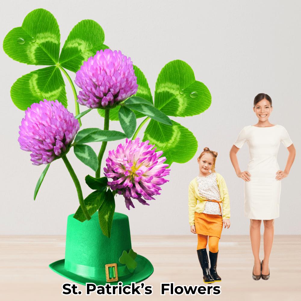 Close-up of St. Patrick's Day themed giant flower showing green shamrock-inspired petals and gold accents