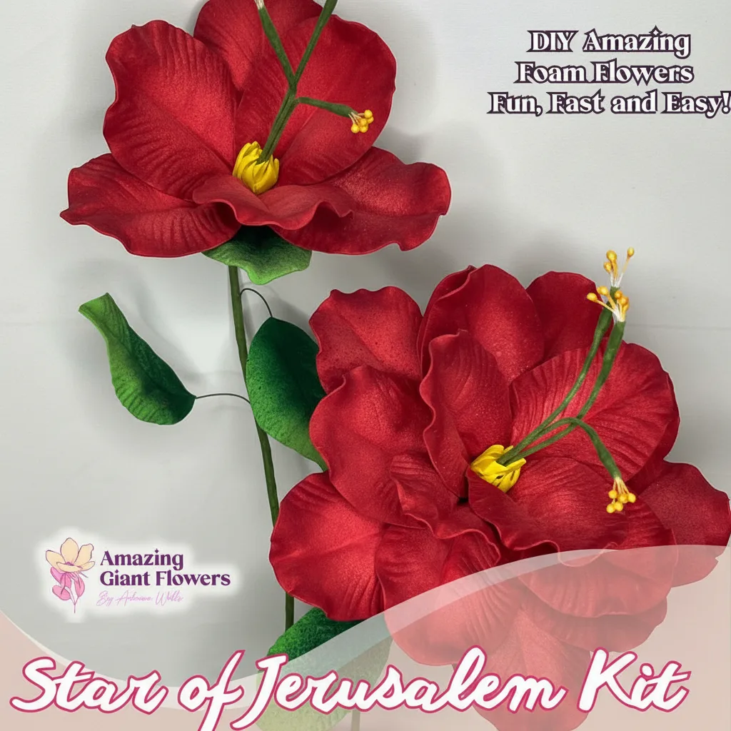 Real touch pink Star of Bethlehem foam flower kit — large tropical DIY foam bloom (Star of Jerusalem) with golden pistil center and Amazing Giant Flowers kit box