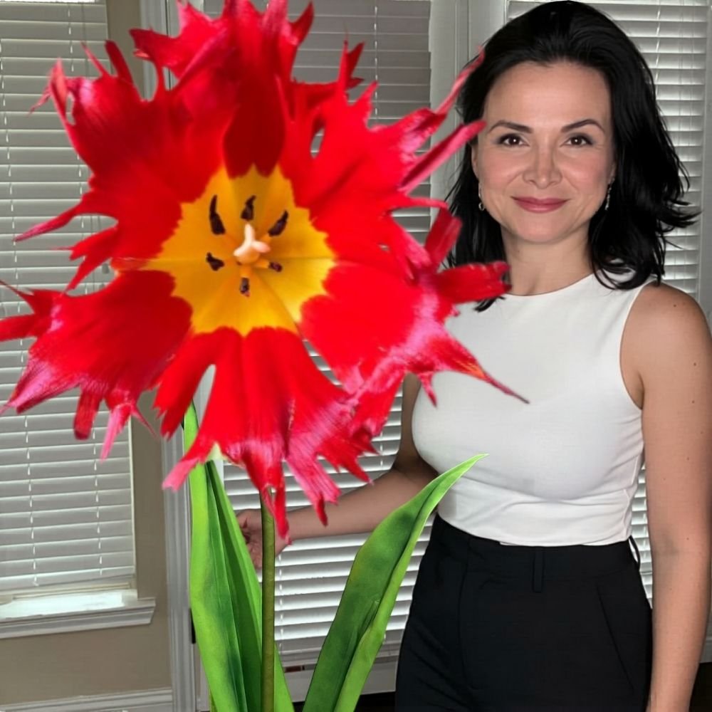 Giant red and yellow Leo tulip foam flower from summer party decor pre-cut DIY kit on black background