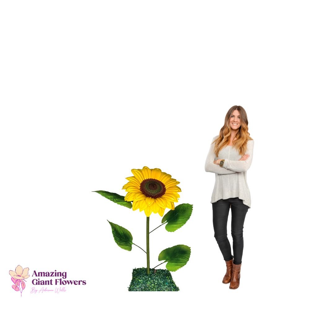 Giant yellow sunflower foam flower with brown center and bright petals from DIY sunflower decor kit
