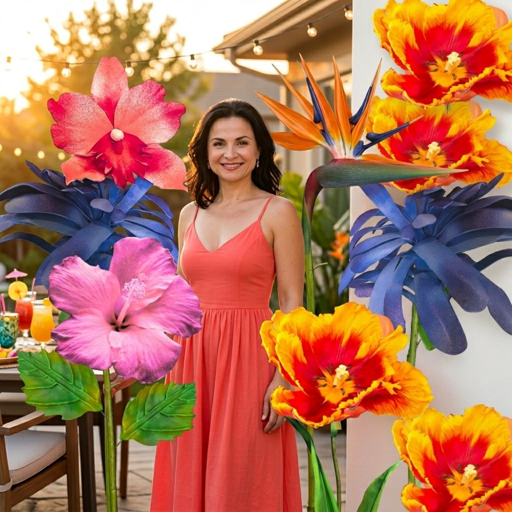 Giant tropical parrot tulip flower arrangement 6ft tall with orange-green bloom and free decorated base