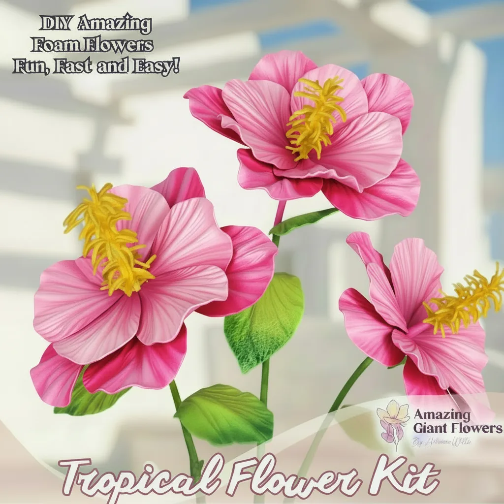 Real Touch Tropical Flower Foam Kit — Large DIY Hibiscus Blooms with Reusable Double-Sided Mold, Pre-Cut Petals, Bud & Leaves