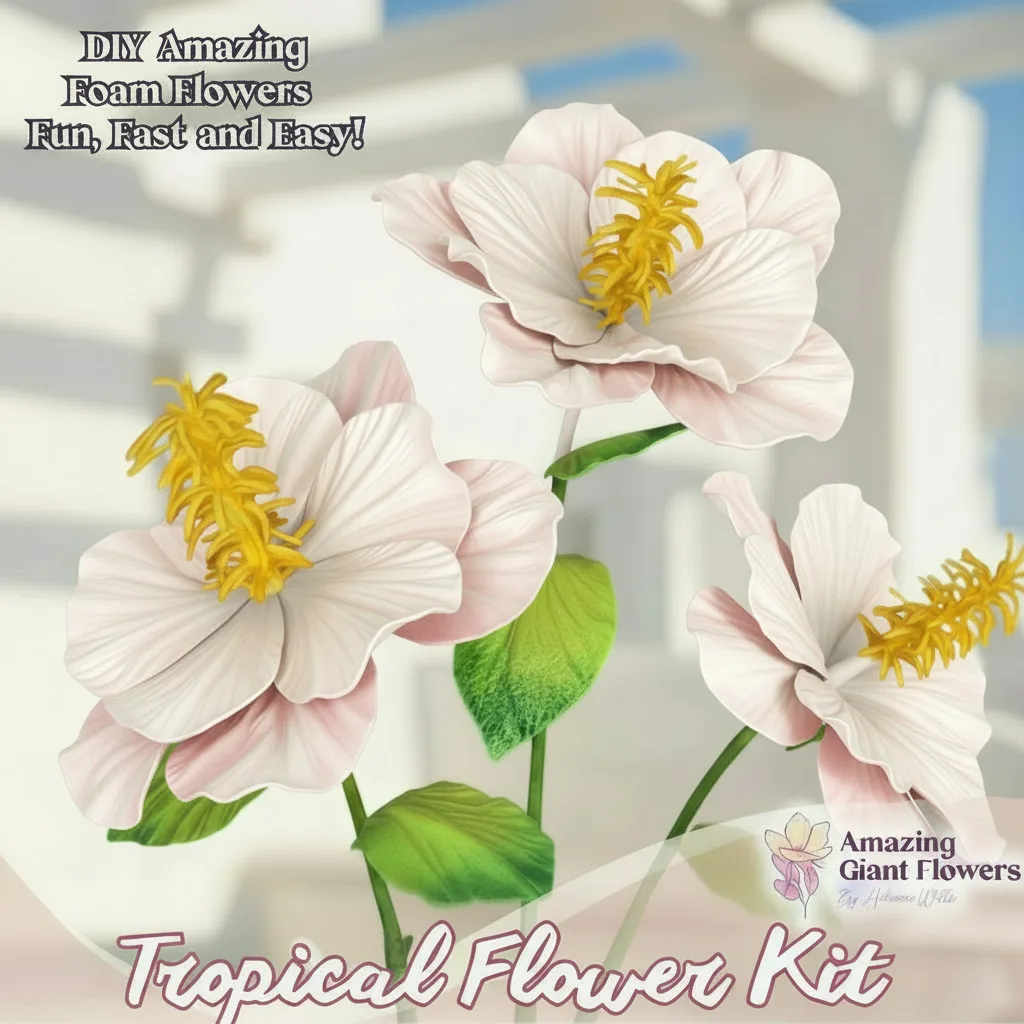 Real Touch Tropical Flower Foam Kit — Large DIY Hibiscus Blooms with Reusable Double-Sided Mold, Pre-Cut Petals, Bud & Leaves