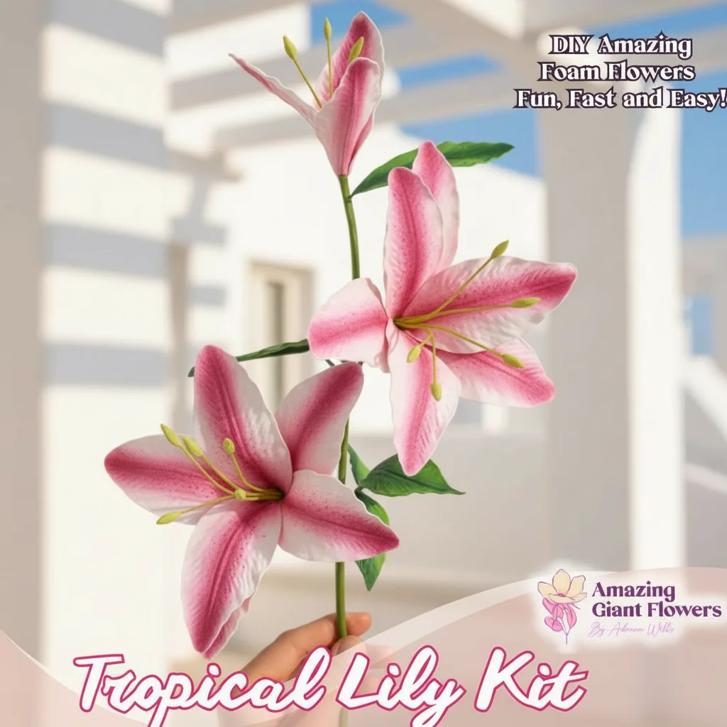 Real touch pink Stargazer lily foam flower kit — DIY tropical Oriental foam lilies (lirios) with the signature dark-painted center and Amazing Giant Flowers kit box