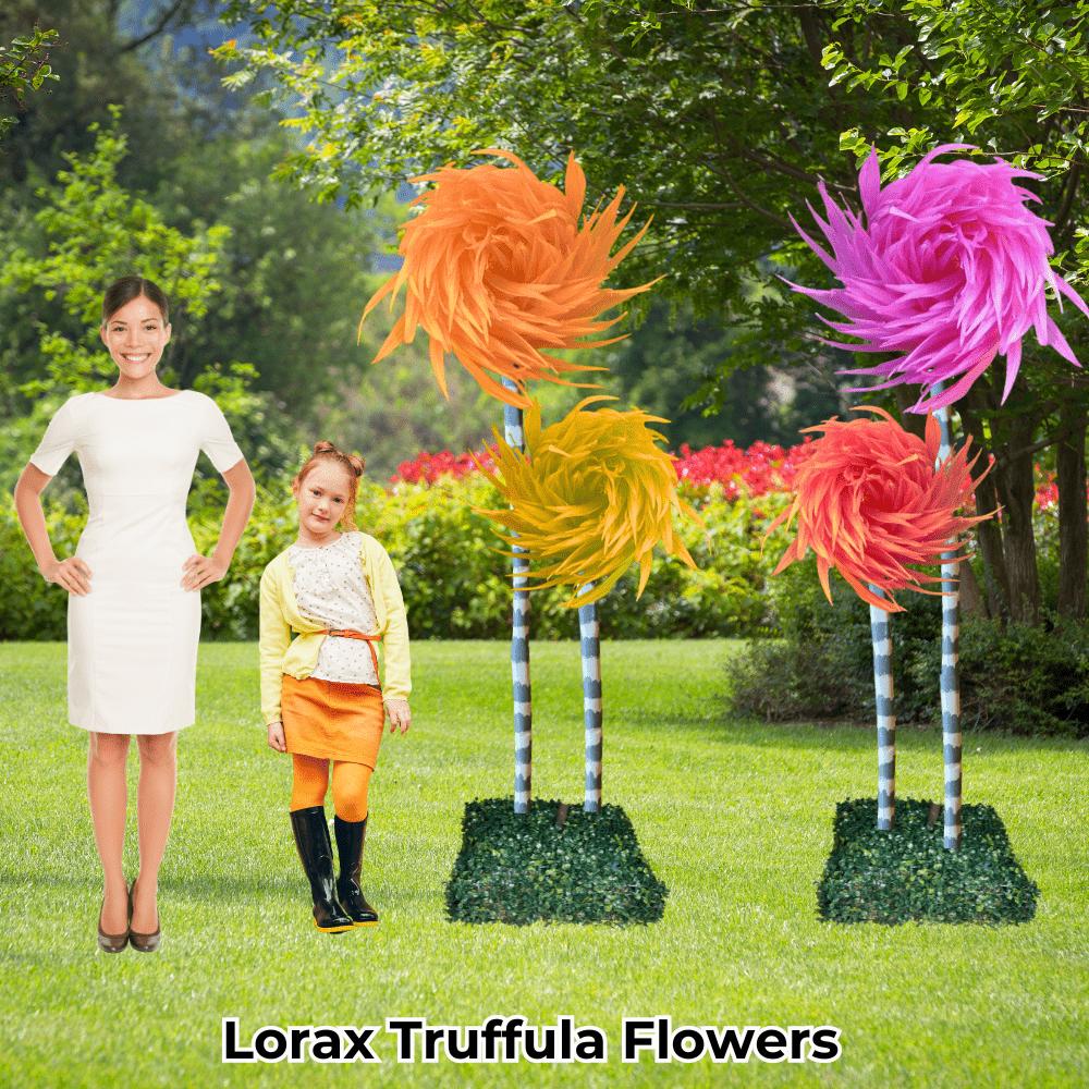 Whimsical Truffula-style giant foam flower in bright colors for children's events and themed party decor
