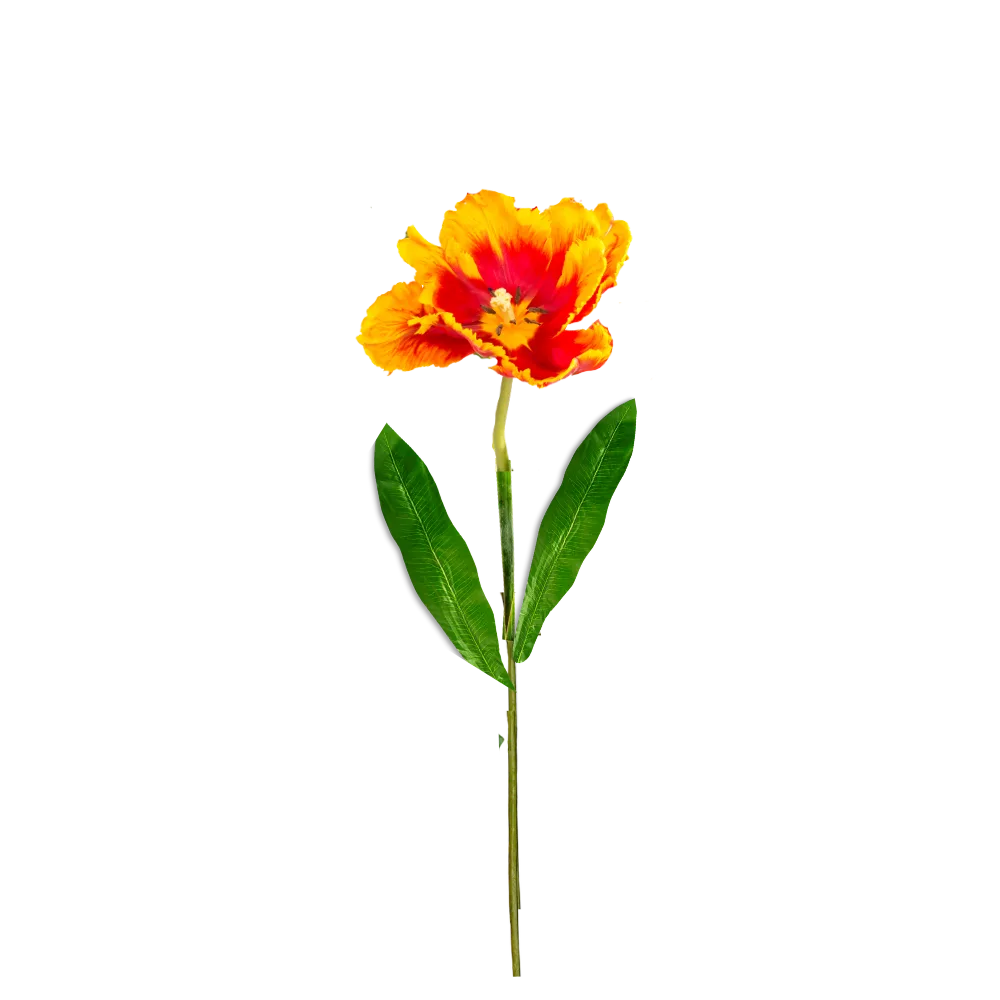 Woman holding giant parrot tulip foam flower in orange-green tropical colors from easy 3-step DIY kit