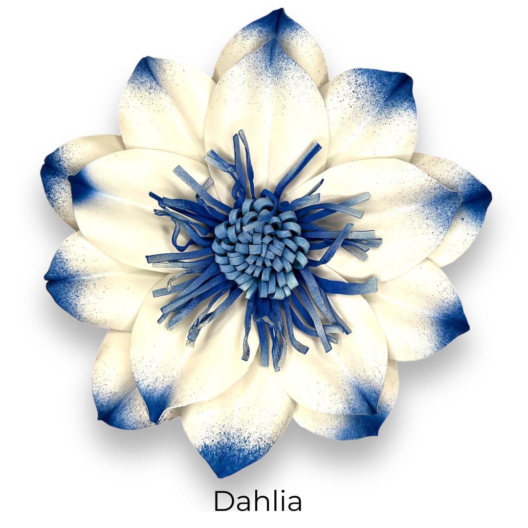 Purple dahlia wall statement flower with pointed layered petals radiating from center for wall-mounted decor