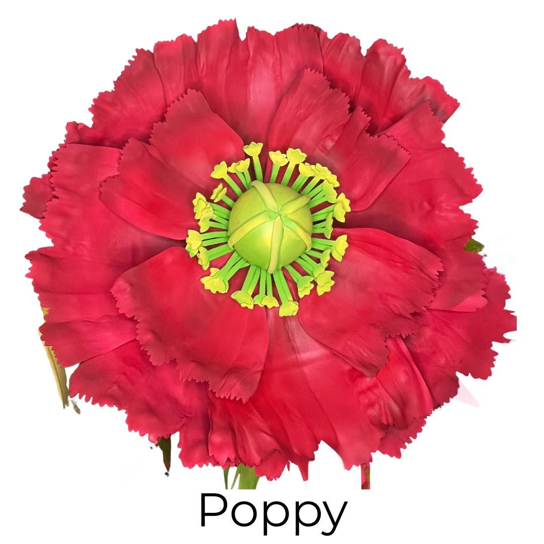 Red poppy wall flower statement kit with vibrant crimson petals and dark center for wall mounting