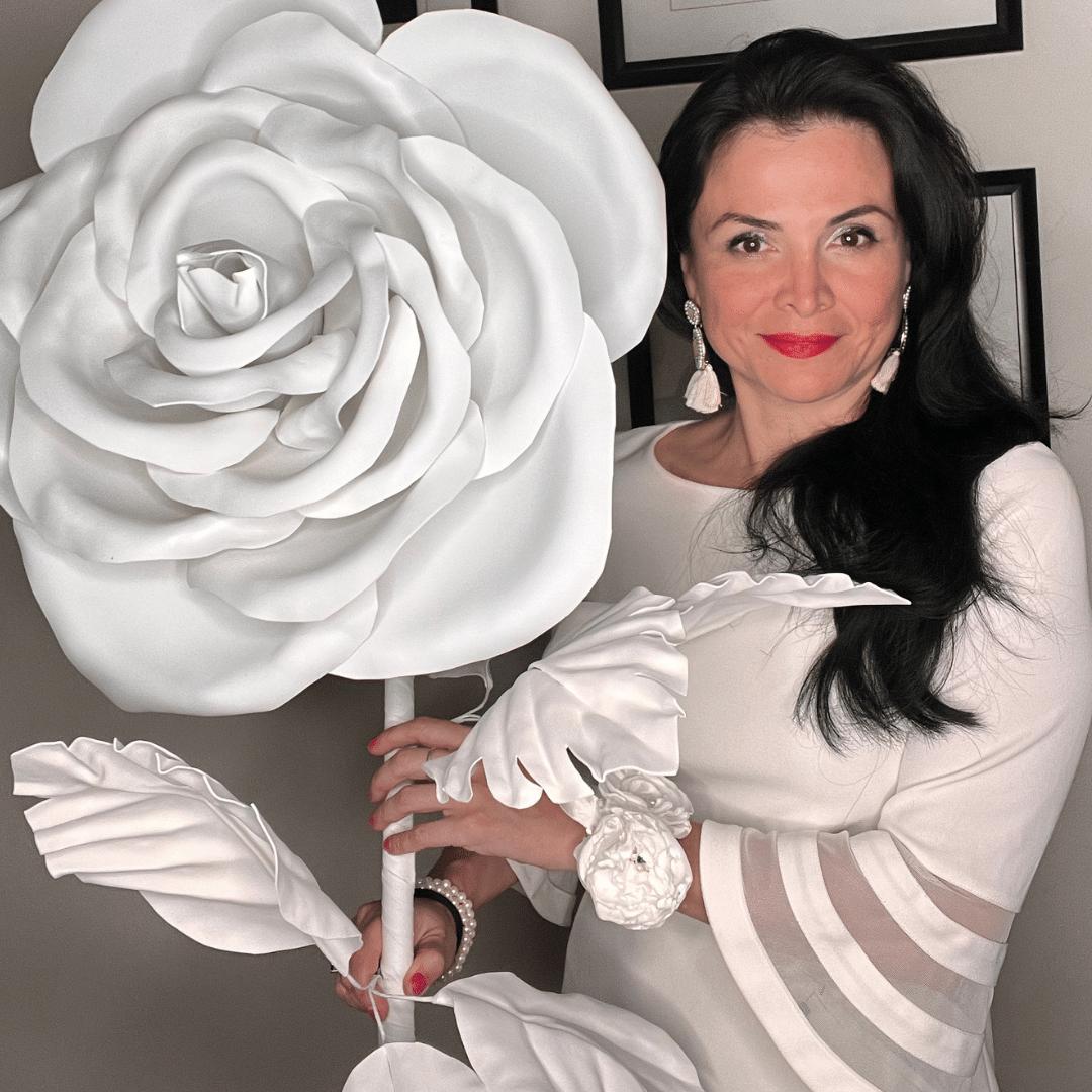 Giant white wedding rose foam flower kit showing elegant cream petals for DIY bridal backdrop crafting