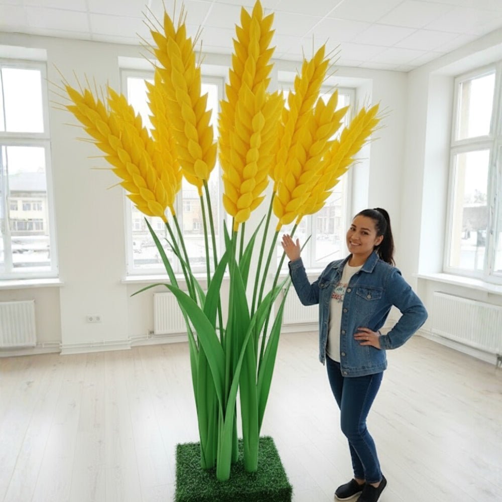 Giant golden wheat stalk display for agricultural shows and farm-themed event installations