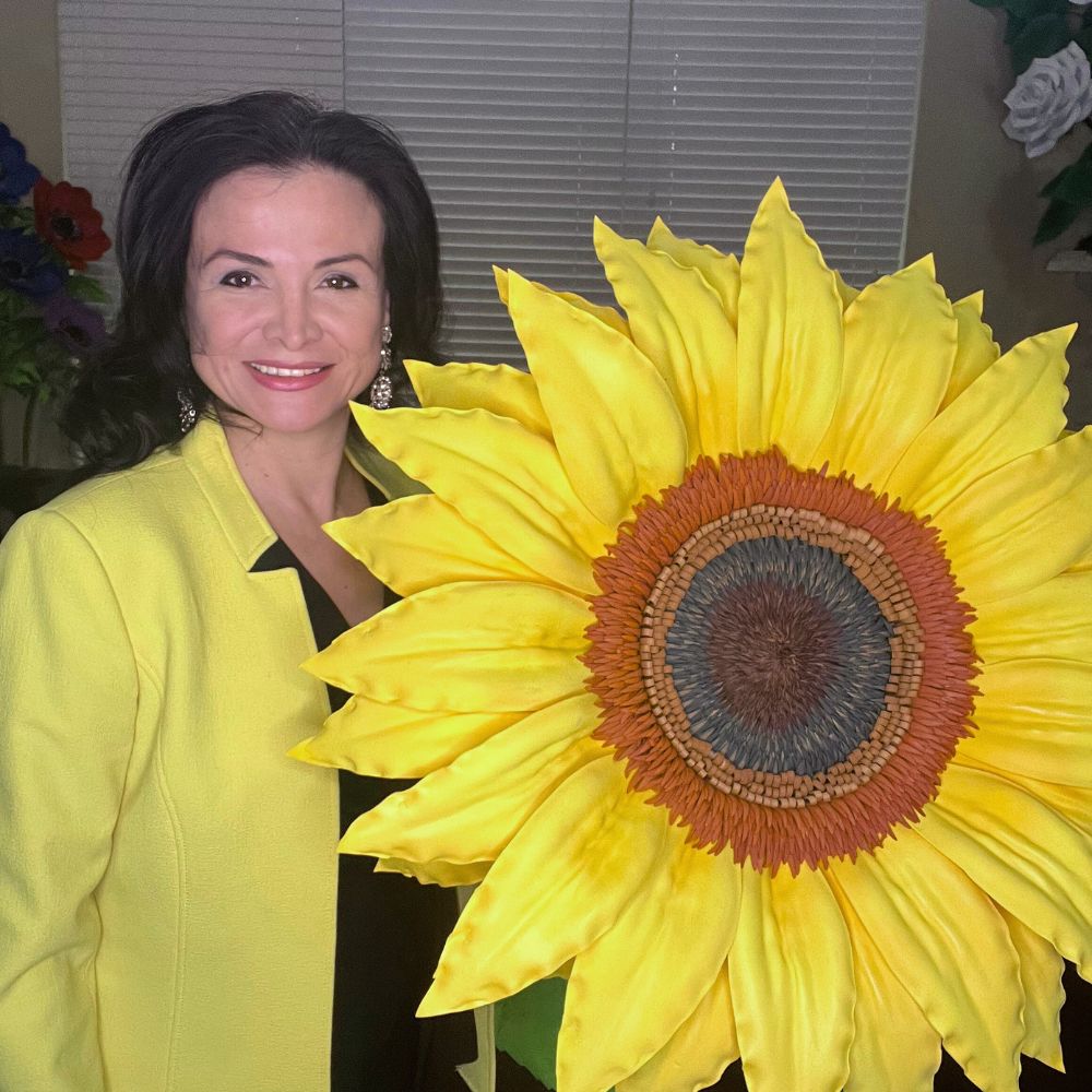 Giant yellow sunflower foam flower with brown center and bright petals from DIY sunflower decor kit