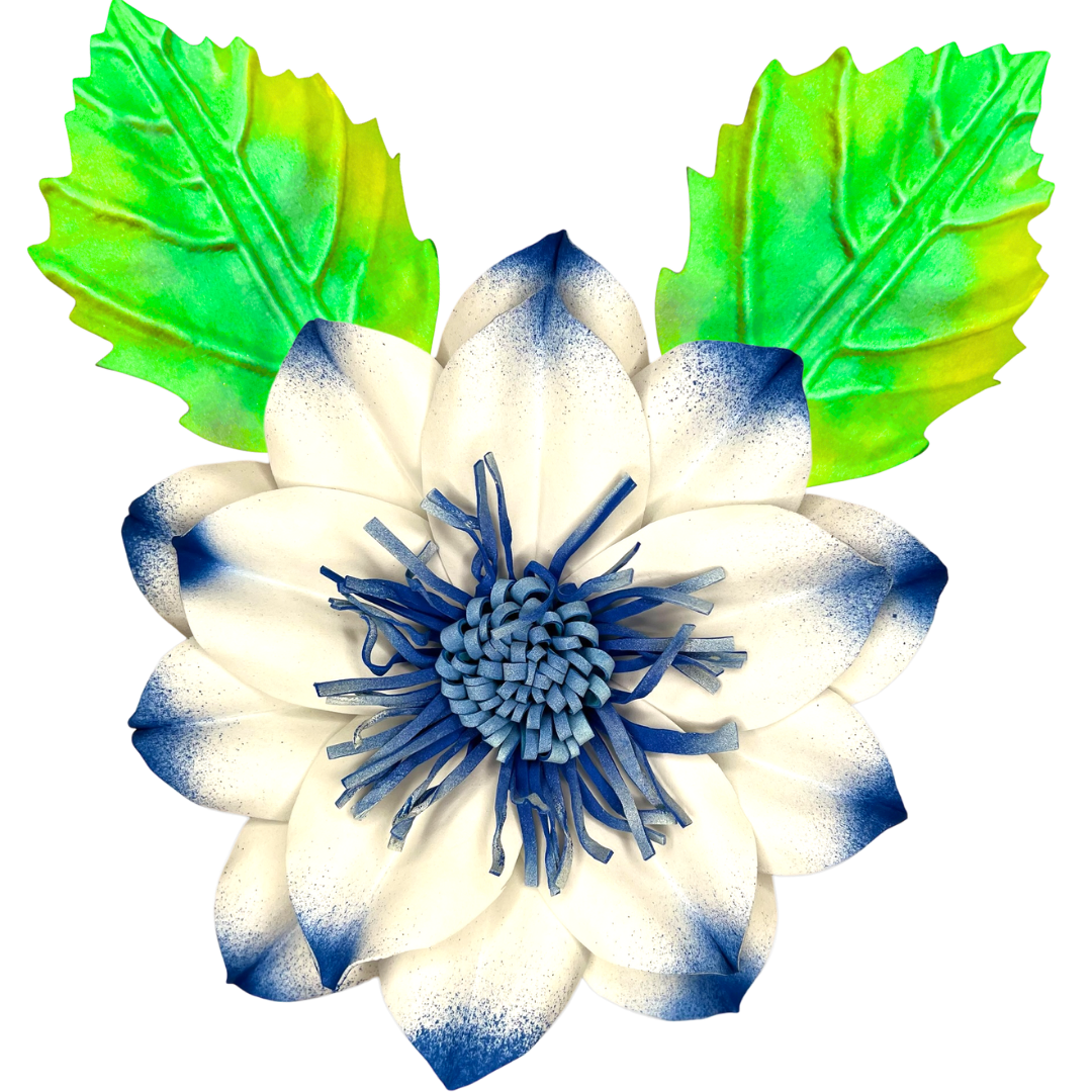 Purple dahlia wall statement flower with pointed layered petals radiating from center for wall-mounted decor