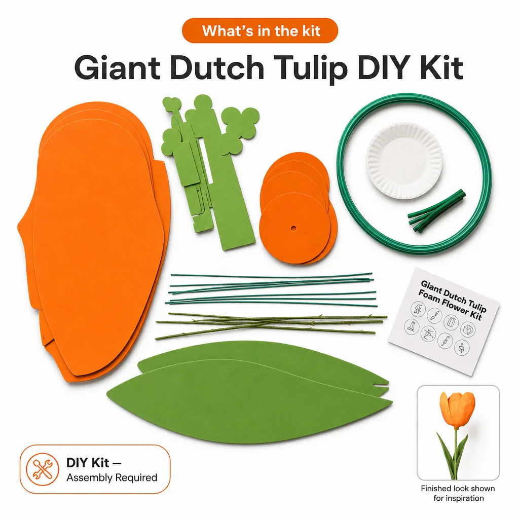 Woman standing next to completed 6-foot tall giant Dutch tulip showing scale and freestanding assembly